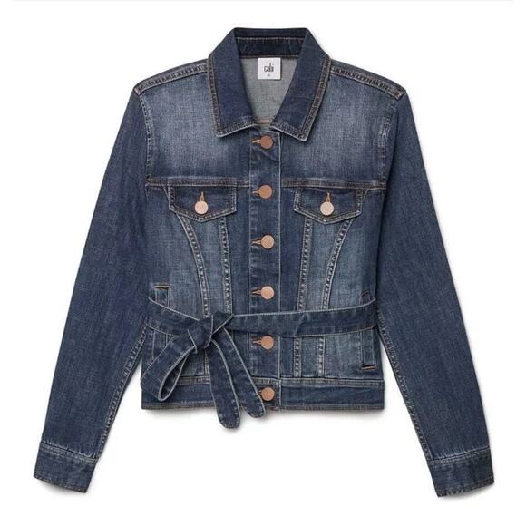 Cabi Dylan Belted Denim Jean Jacket Raw Hem Fitted Button Front Blue Size L - Picture 1 of 8